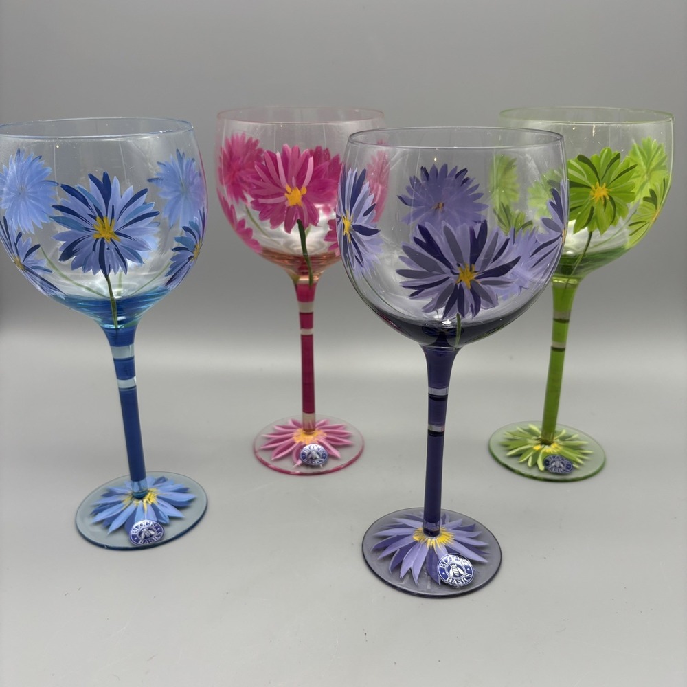 Block Basics Hand Painted Water Wine Glasses Colorful Daisies 8.5" Set of 4 NEW